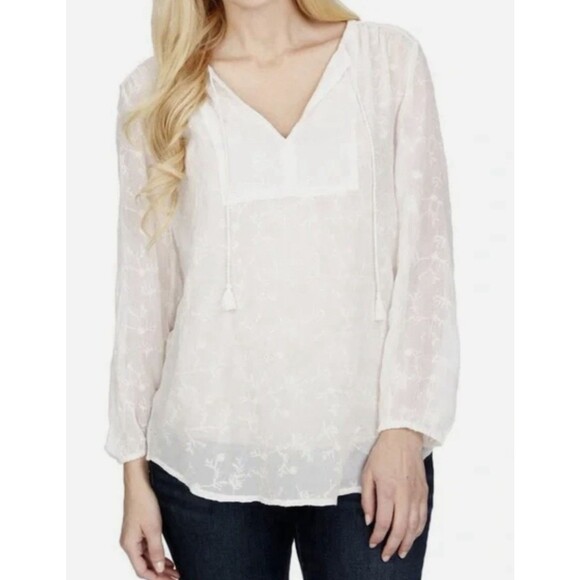 Lucky Brand Embroidered Peasant Top Womens Sz Large Tasseled V Neck Cream Boho - Picture 1 of 10